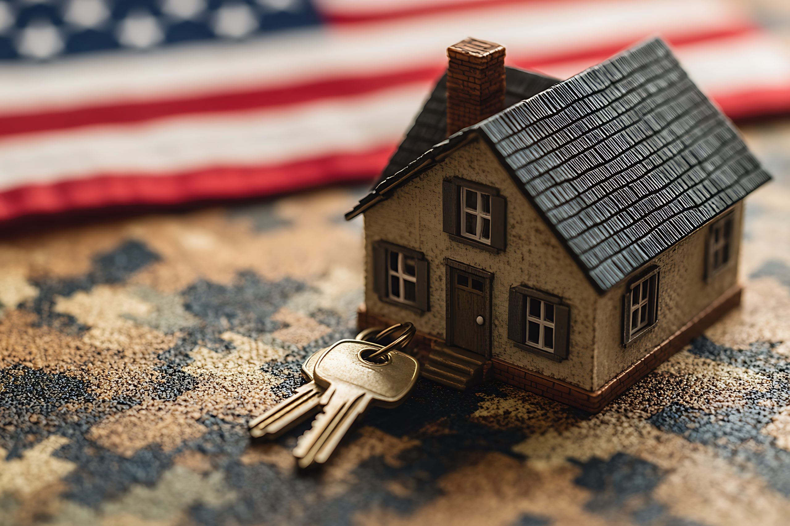 A close-up depicts a miniature house model with keys resting before an American flag, symbolizing real estate opportunities. This image represents property ownership, buying, and the dream of a new home....